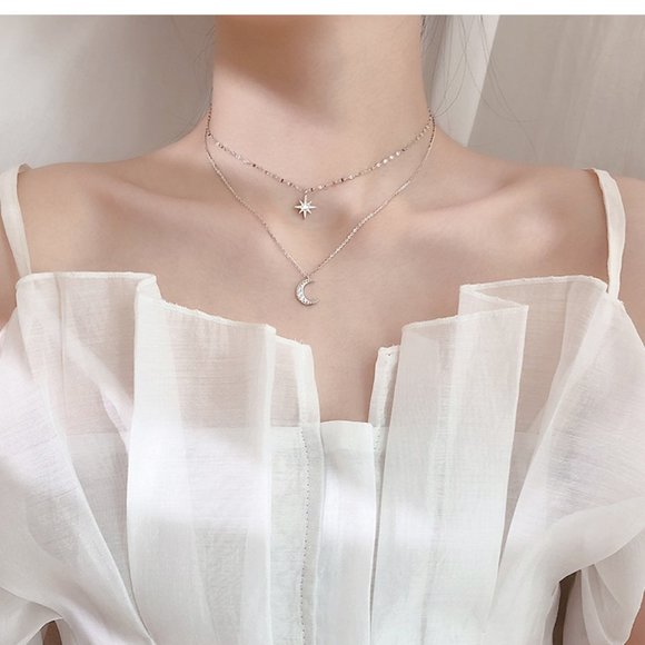 NEW 925 Sterling Silver Diamond Moon Star Necklace - Picture 1 of 8